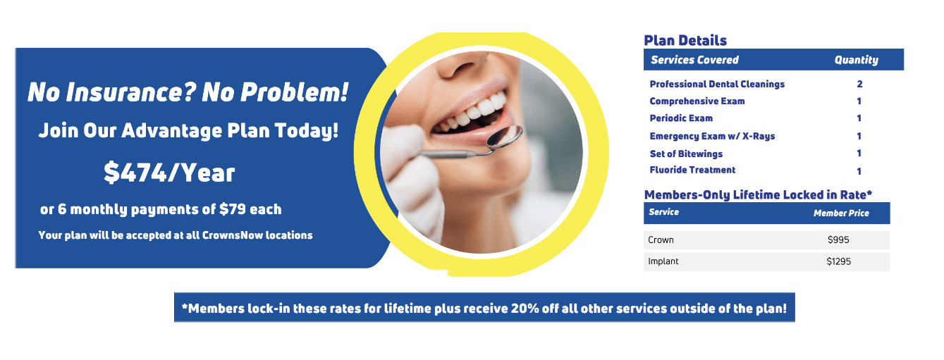The image is a screenshot of a website featuring an advertisement for dental services, including a photo of a smiling person with clean teeth and a caption that reads NO INSURANCE. NO PROBLE.